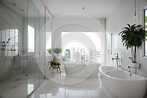 Modern bathroom interior with empty white billboard, window with city view, bath tub and decorative items. Mock up, ing