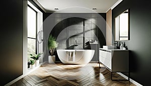 modern bathroom interior featuring a white bathtub and chic vanity