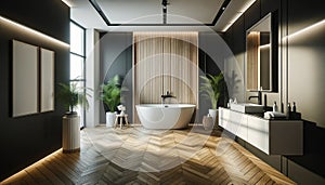 modern bathroom interior featuring a white bathtub and chic vanity