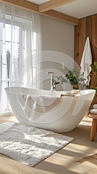 Modern bathroom interior with freestanding bathtub