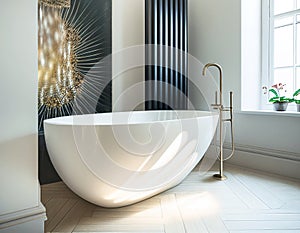 Modern bathroom interior with freestanding bathtub and faucet big window decorated wall. Elegant design