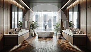 Modern bathroom interior with a front view, showcasing a minimalist design. The bathroom features a dark brown parquet