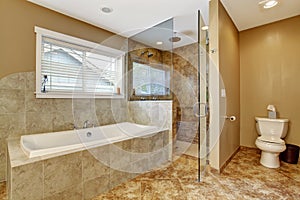 Modern bathroom interior with glass door shower