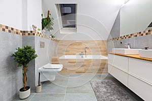 Modern bathroom interior with gray tiles