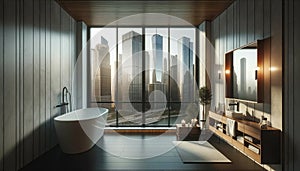 A modern bathroom interior with large windows offering a view of skyscrapers. The bathroom features contemporary design