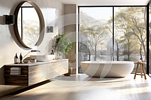 Modern bathroom interior in light natural beige tones with big Window. Scandinavian
