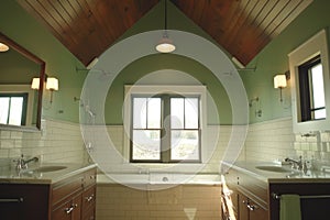 Modern bathroom interior with natural light and wooden accents