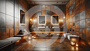 A modern bathroom interior showcasing rusty tiles, stylish lighting, and elegant decorations. The design features a