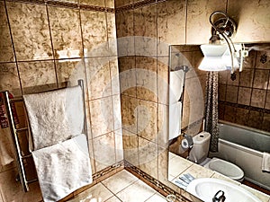 Modern bathroom interior with sink and mirror. Modern Bathroom Interior With Marble Sink and Wall Mirror