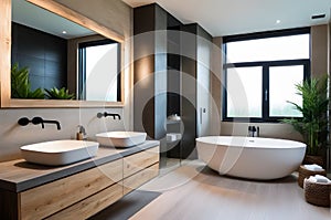 Modern bathroom interior with walk-in shower freestanding tub, and double vanity, natural materials