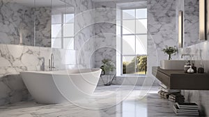 Modern bathroom interior with white marble carrara walls, tiled floor, comfortable white bathtub and large window