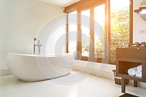 Modern bathroom interior with white oval bathtub
