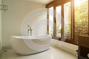 Modern bathroom interior with white oval bathtub