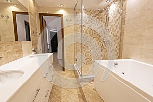 Modern bathroom in neutral colors with a shower and bathtub next to a mirror