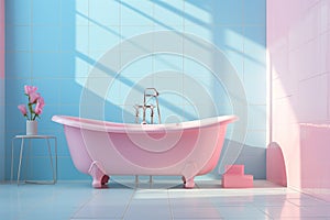 Modern bathroom with pink bathtub and blue tiles.