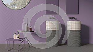 Modern bathroom in purple pastel tones, contemporary ceramics tiles, double washbasin with faucets and mirrors, side tables with