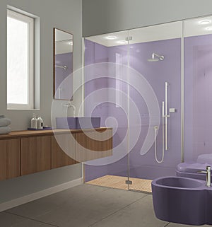 Modern bathroom in purple and wooden tones, concrete tiles floor, large shower with tiles and spotlight, washbasin with mirror,