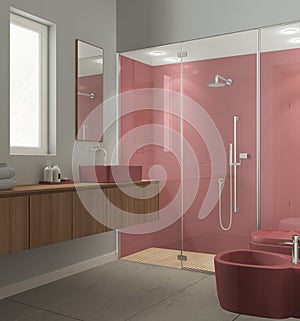 Modern bathroom in red and wooden tones, concrete tiles floor, large shower with tiles and spotlight, washbasin with mirror,