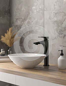 Modern Bathroom Sink with Black Faucet and Marble Basin. Generative ai