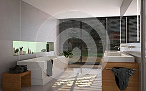 Modern bathroom with sunbeams marble tiles, wooden furniture and modern vanity, floor tiles, 3D rendering