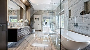 Modern Bathroom With Tub, Sink, and Mirror