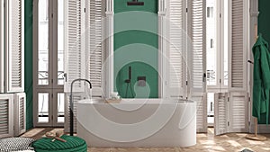Modern bathroom in turquoise tones in classic apartment with window with shutters and parquet. Freestanding bathtub, pouf,