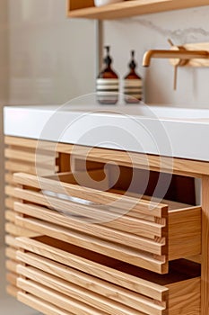 Modern Bathroom Vanity with Open Wooden Slats Drawer. Generative ai