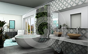 Modern bathroom with vertical garden and oriental vibe photo