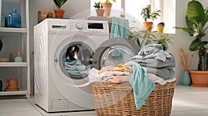 Modern bathroom with washing machine at home, Basket with dirty laundry