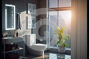 Modern bathroom washroom restroom freestanding bathtub colorful windows faucets glass