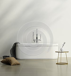 Modern bathroom with a white minimal bathtub