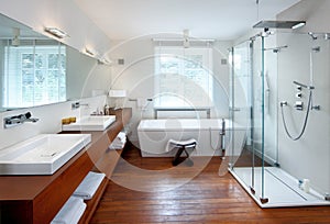 Modern Bathroom With Wooden Floor And Accents 