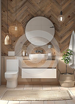 Modern Bathroom With Wooden Wall and Round Mirror