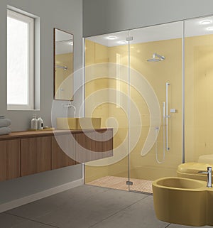 Modern bathroom in yellow and wooden tones, concrete tiles floor, large shower with tiles and spotlight, washbasin with mirror,