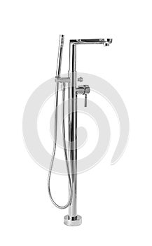 Modern bathtub faucet with hand shower on grey background