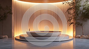 Modern bathtub with waterfall feature in a luxurious spa setting