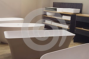 Modern bathtubs in a store