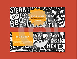 Modern bbq banner set with lettering and space for text. Grill barbecue food design