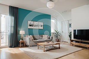 Modern beautiful interior with columns, colored wall and stylish furniture. Bright loft design. ing