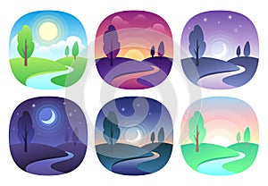 Modern beautiful landscape with gradients. Sunrise, dawn, morning, day, noon, sunset, dusk and night icon. Sun time