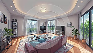 Modern and beautiful living room concept illustration. Generative AI