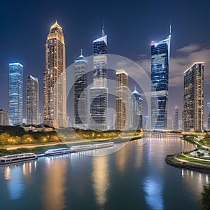A modern beautiful night city on the river bank