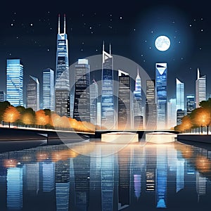 A modern beautiful night city on the river bank.