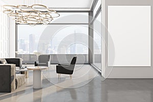 Modern beautiful white living room interior with empty white mock up poster and window with city view, furniture and sunlight.