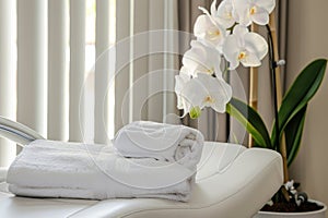 Modern beauty salon interior with a comfortable white chair, clean towels, and orchid plant, with a serene atmosphere