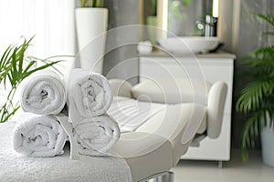 Modern beauty salon interior with a comfortable white chair, clean towels, and orchid plant, with a serene atmosphere