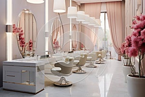 Modern beauty salon interior, luxury cosmetic store with cream and pink design. Bright nail service shop, trendy manicure studio.