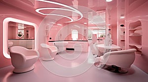 Modern beauty salon with places for makeup artist and hairdresser, big stylish mirrors, pink interior. Generative Ai