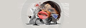 Modern beauty standards. Young woman doing face injections, lip augmentation and face liftin. Contemporary art collage. photo