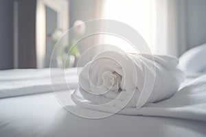 modern bed flower bath welcome window bedchamber towel comfortable spa. Generative AI.
